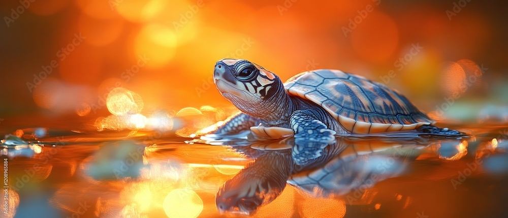 Obraz premium Turtle basking in warm sunlight by serene water surface