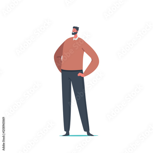Single Male Character Wear Sweater and Trousers. Confident Positive Fashioned Man with Arms Akimbo, Attractive Person