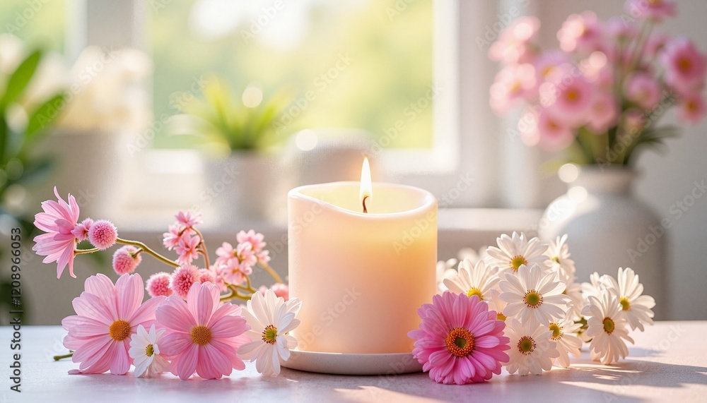A Stunning Arrangement of Colorful Flowers Surrounding a Peaceful Candle for Serene Ambiance A Stunning Arrangement of Colorful Flowers Surrounding a Peaceful Candle for Serene Ambiance
