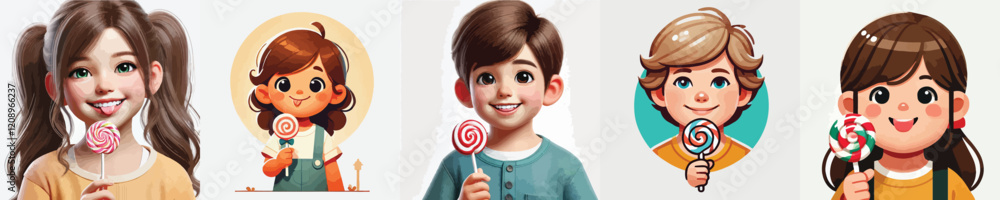 set of vector characters of little children holding lollipops set of vector characters of little children holding lollipops