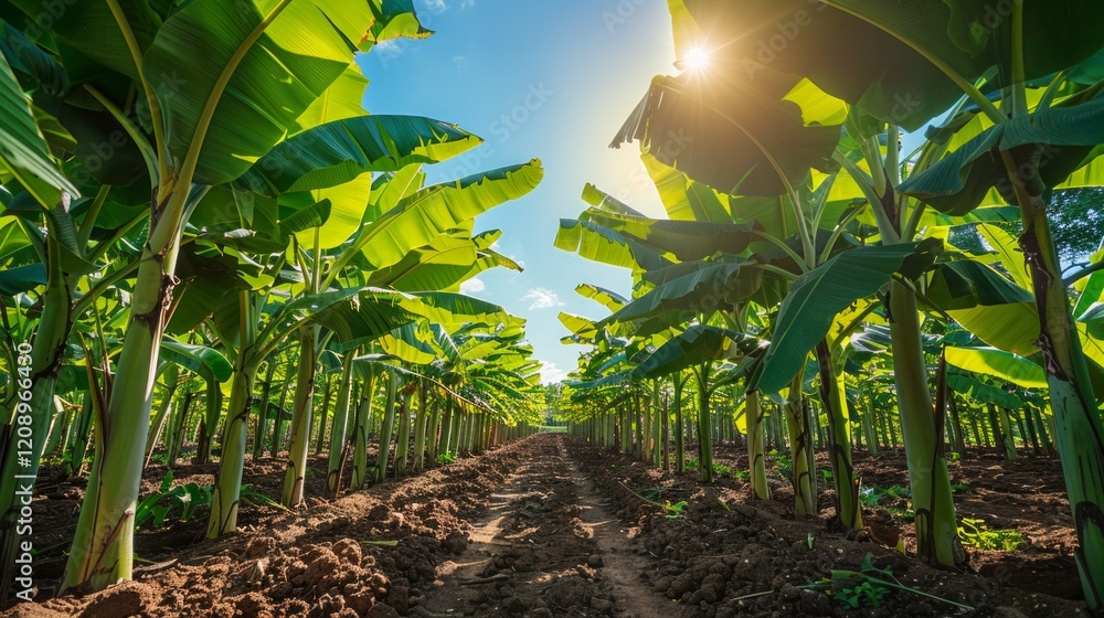 Obraz premium A path through a lush banana plantation, sunbeams filtering through the leaves. AI generative. .