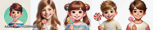 set of vector characters of little children holding lollipops