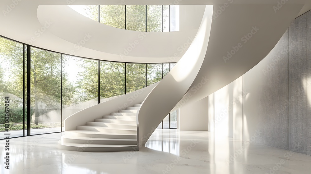 Obraz premium Modern White Spiral Staircase in a Sunlit Contemporary Home