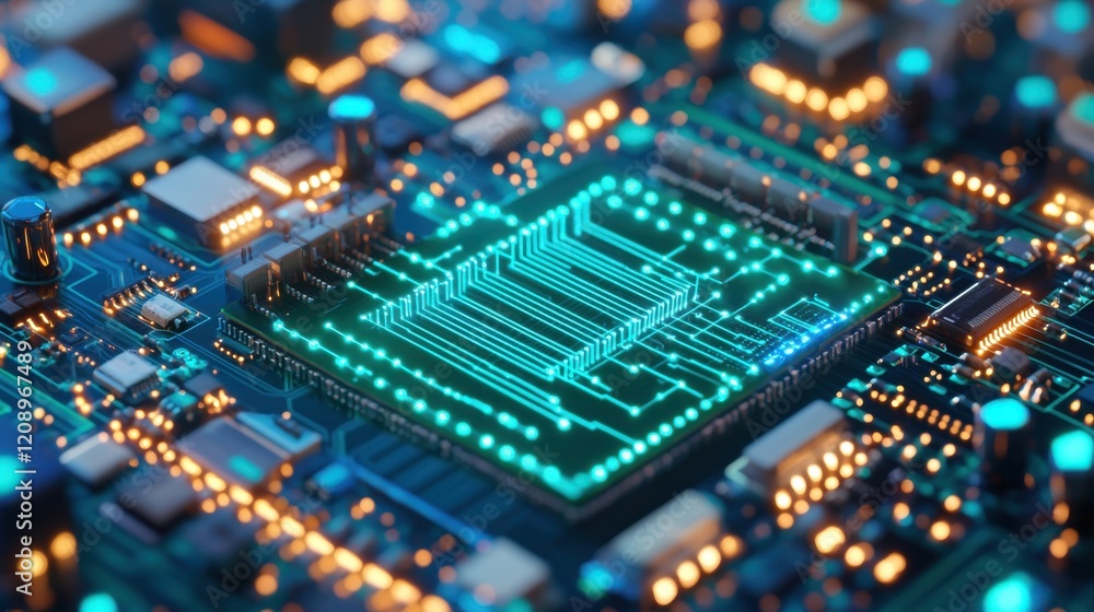 Obraz premium Cybersecurity incident response and recovery. Close-up of a microprocessor on a circuit board with glowing elements.