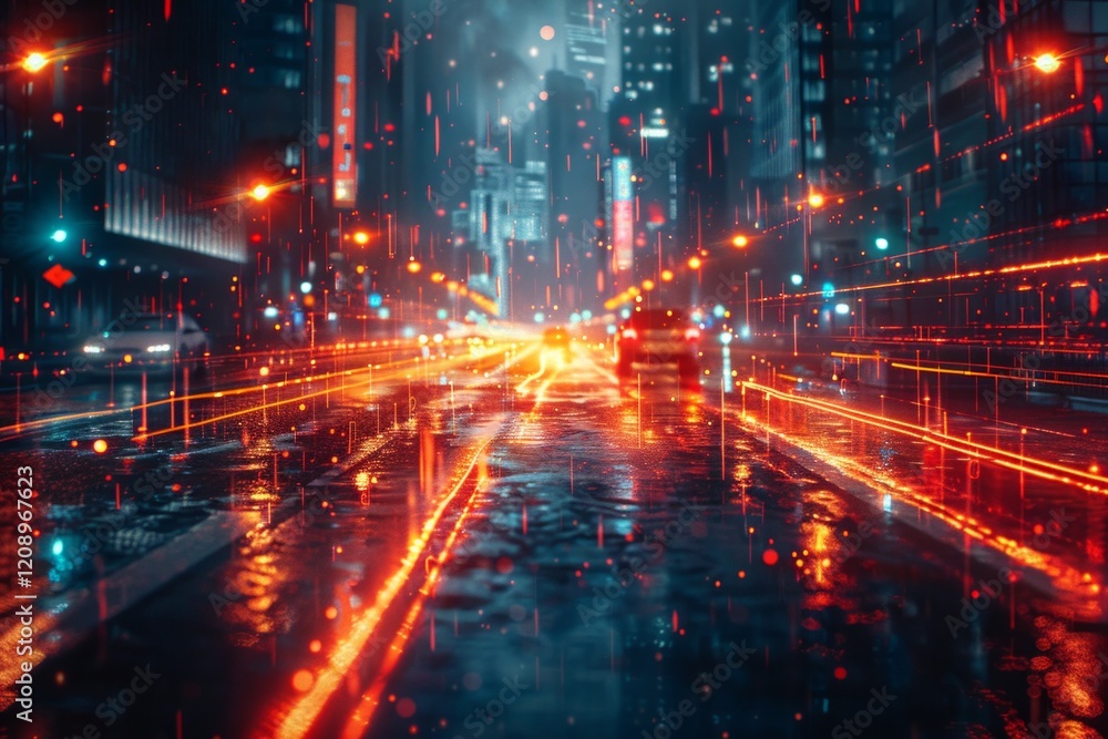 Wet city street at night with red light reflections and blurred buildings. AI generative. . Wet city street at night with red light reflections and blurred buildings. AI generative. .