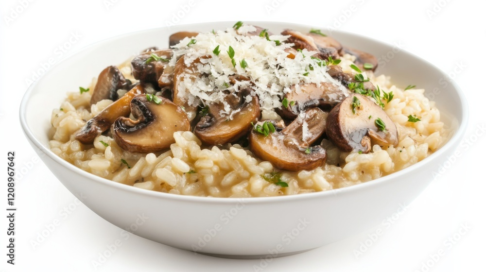 A bowl of creamy mushroom risotto with Arborio rice, mixed mushrooms, and Parmesan cheese A bowl of creamy mushroom risotto with Arborio rice, mixed mushrooms, and Parmesan cheese