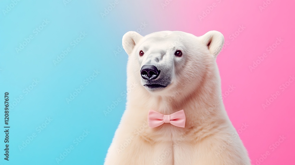 Adorable polar bear with a tiny bow tie isolated on a colorful background Adorable polar bear with a tiny bow tie isolated on a colorful background