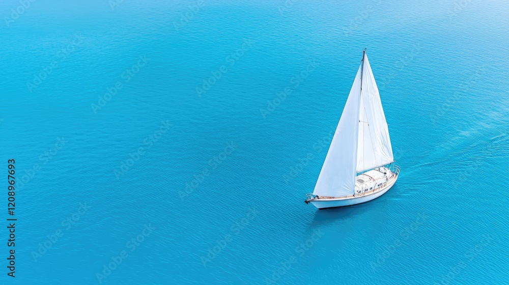 Obraz premium Sailboat cruising tranquil turquoise ocean; aerial view
