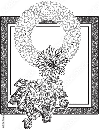 Garland of Faith. This black and white line drawing depicts a delicate jasmine garland, meticulously crafted and beautifully arranged.