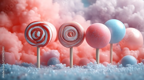 Colorful lollipops in pastel clouds.