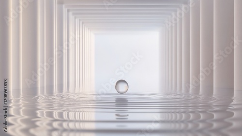 Fototapeta Naklejka Na Ścianę i Meble -  Glass sphere in minimalist white corridor with water reflection.