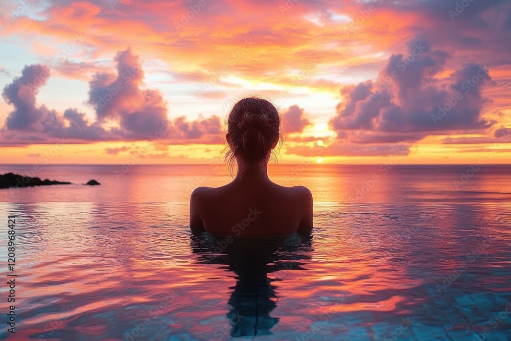 Sunset Serenity at Luxury Infinity Pool with Woman Silhouette in Tropical Caribbean Paradise Sunset Serenity at Luxury Infinity Pool with Woman Silhouette in Tropical Caribbean Paradise