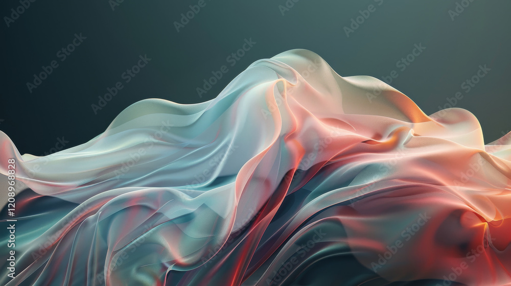 Soft flowing fabric in shades of blue and coral creates serene atmosphere. gentle waves and translucent layers evoke sense of calm and elegance Soft flowing fabric in shades of blue and coral creates serene atmosphere. gentle waves and translucent layers evoke sense of calm and elegance