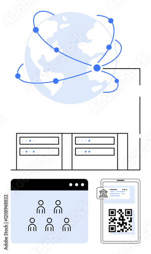 Wallpaper Mural Globe with interconnected points, data servers, virtual meeting screen, and smartphone with secure QR code. Ideal for tech, cloud computing, data exchange, remote work, cybersecurity global Torontodigital.ca