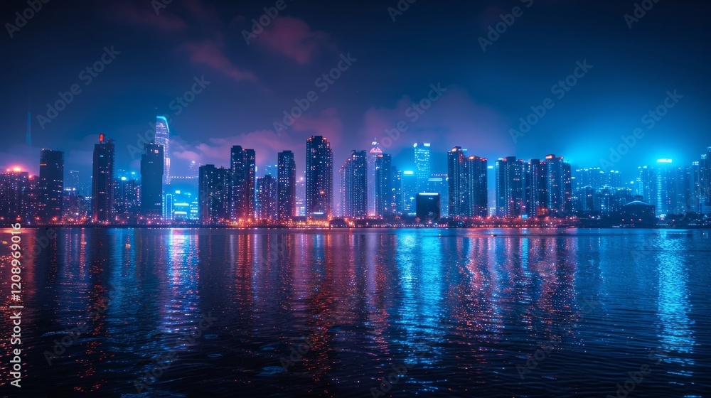 Naklejka premium Nighttime cityscape with colorful reflections on water. AI generative. .
