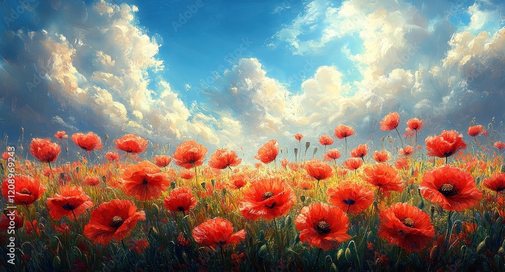 Obraz premium Vibrant Red Poppy Flowers in Bright Blue Sky Over Summer Meadow
