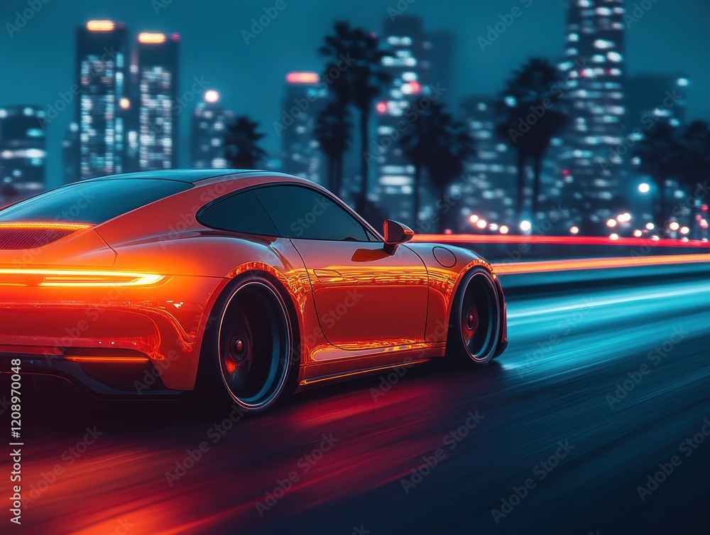 Fototapeta premium Vibrant sports car speeding through neon-lit cityscape