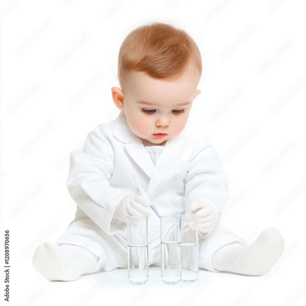 Adorable Baby in Lab Coat Engaged in Science Experiment with Test Tubes and Water, Showcasing Curiosity and Playful Exploration of Chemistry Adorable Baby in Lab Coat Engaged in Science Experiment with Test Tubes and Water, Showcasing Curiosity and Playful Exploration of Chemistry