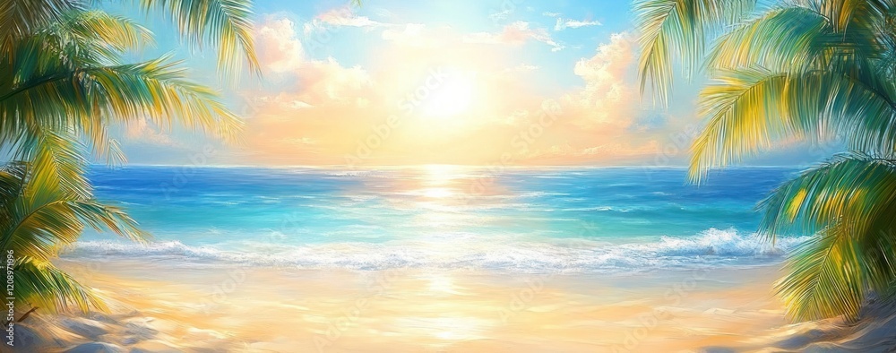Tropical Beach Paradise with Palm Leaves Sunlight Summer Sand Ocean Shore Tropical Beach Paradise with Palm Leaves Sunlight Summer Sand Ocean Shore
