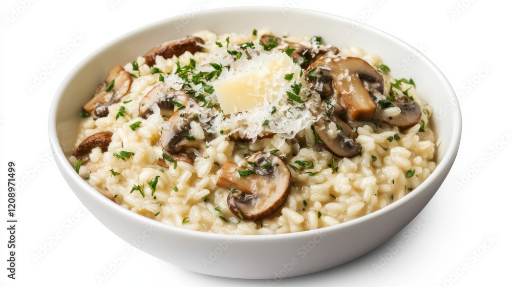 A bowl of creamy mushroom risotto with Arborio rice, mushrooms, Parmesan cheese A bowl of creamy mushroom risotto with Arborio rice, mushrooms, Parmesan cheese