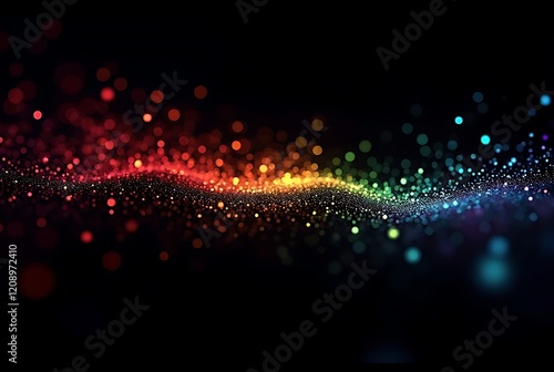 Glowing rainbow trail of particles on a dark background