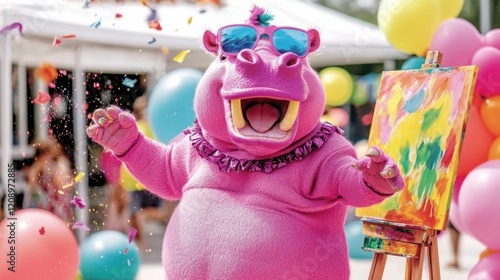 Colorful and Playful Pink Hippo Character at a Festive Outdoor Painting Party Surrounded by Balloons and Bright Decorations photo