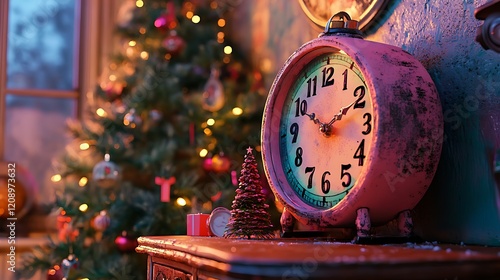 On the counter next to the holiday tree lies an the arrival clock with pink slots photo