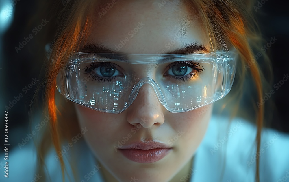 Close-up portrait of a woman wearing futuristic glasses. Close-up portrait of a woman wearing futuristic glasses.