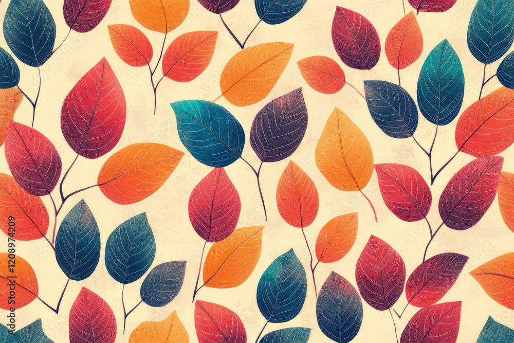 Fototapeta premium illustrated seamless autumnal leaf pattern with colorful fall foliage and watercolor design for vibrant background texture