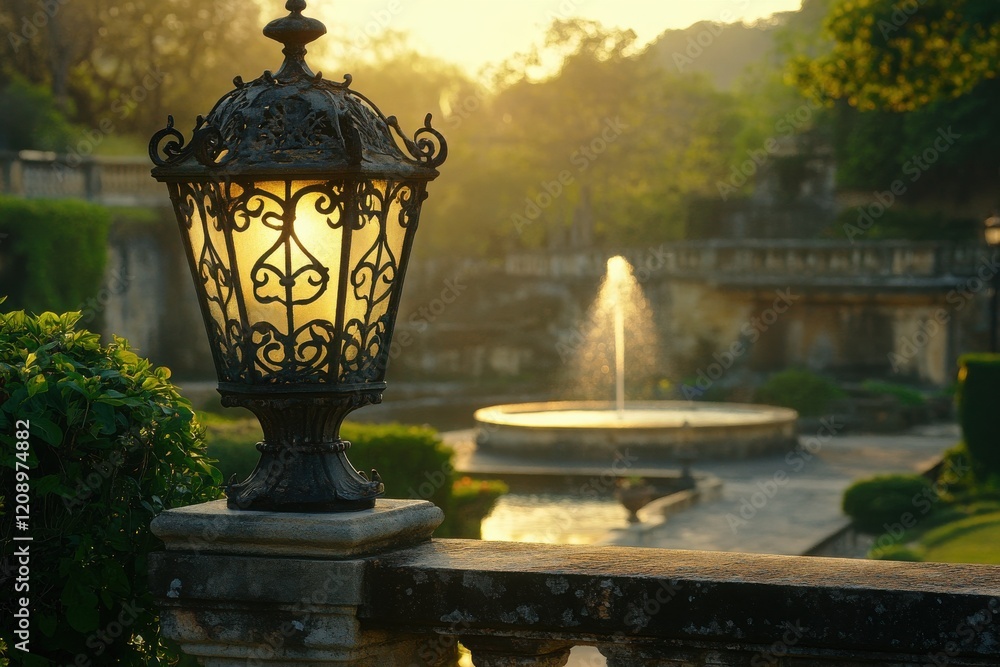 Obraz premium Warm Lantern Glow in a Lush Garden at Golden Hour