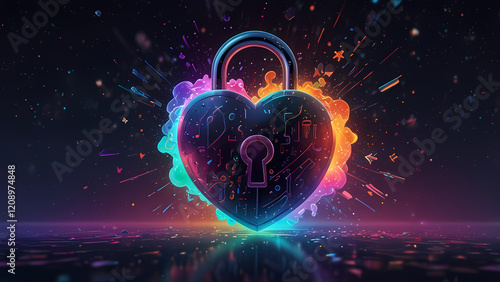 Wallpaper Mural A holographic illustration of a heart-shaped lock and key, both glowing with iridescent rainbow hues Torontodigital.ca