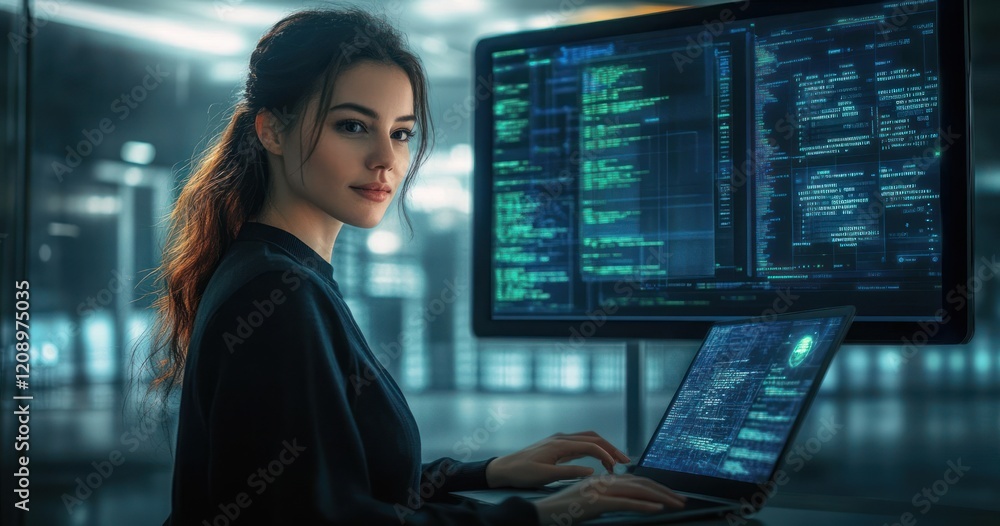 Diverse Female Technology Specialist Working on Laptop in Modern Office with Cyberpunk Aesthetic and Multiple Screens Diverse Female Technology Specialist Working on Laptop in Modern Office with Cyberpunk Aesthetic and Multiple Screens