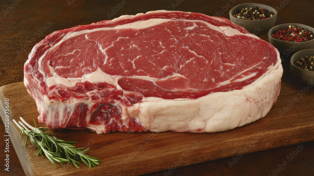 Raw Ribeye Steak on Wooden Cutting Board with Rosemary Raw Ribeye Steak on Wooden Cutting Board with Rosemary