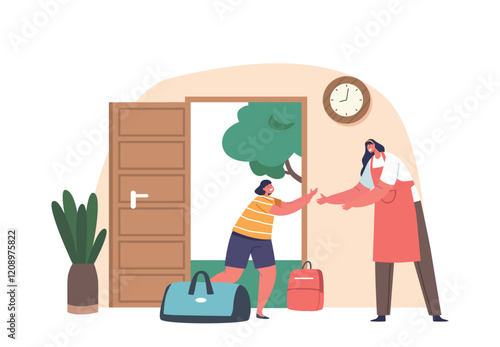 Happy Mother Meet Little Daughter Carrying Luggage, As she Return Home After A Long Absence. Love, Warmth, Family