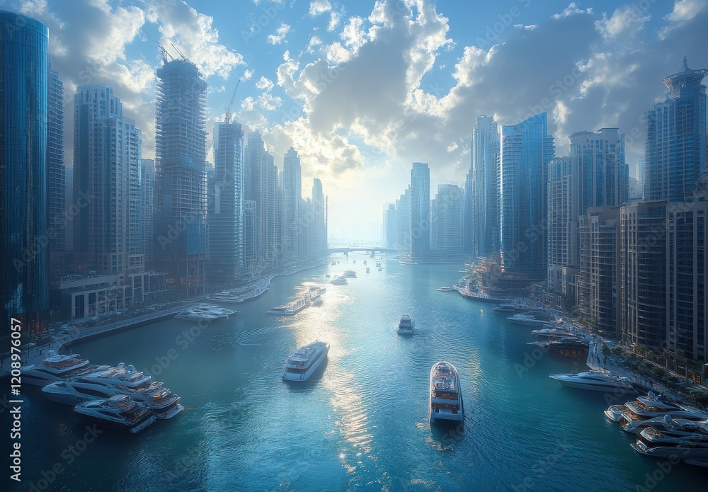 Fototapeta premium Breathtaking Aerial View of a Modern Cityscape with Skyscrapers and Boats at Dawn, Showcasing Urban Life and Serenity in Vibrant Coastal Atmosphere