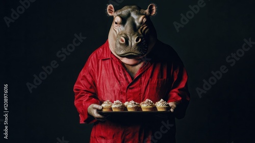 Humorous Hippo Character in Red Outfit Holding a Plate of Cupcakes Against a Dark Background, Perfect for Whimsical Food Art and Creative Concepts photo