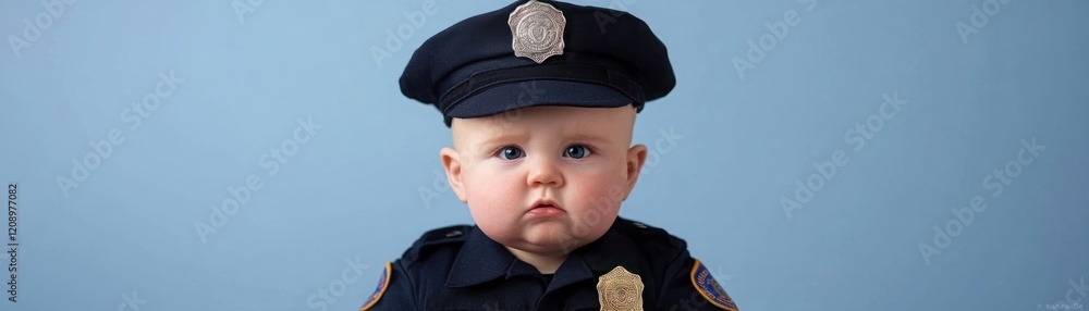 Cute Baby in Police Uniform with Cap and Badge Against a Light Blue Background, Portraying Innocence and Authority in an Adorable Way for Child-Themed Projects Cute Baby in Police Uniform with Cap and Badge Against a Light Blue Background, Portraying Innocence and Authority in an Adorable Way for Child-Themed Projects
