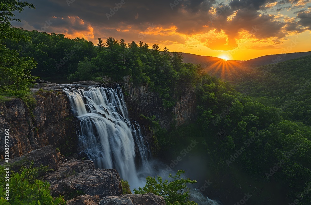 Fototapeta premium Majestic Waterfall Sunset Landscape Scenic View