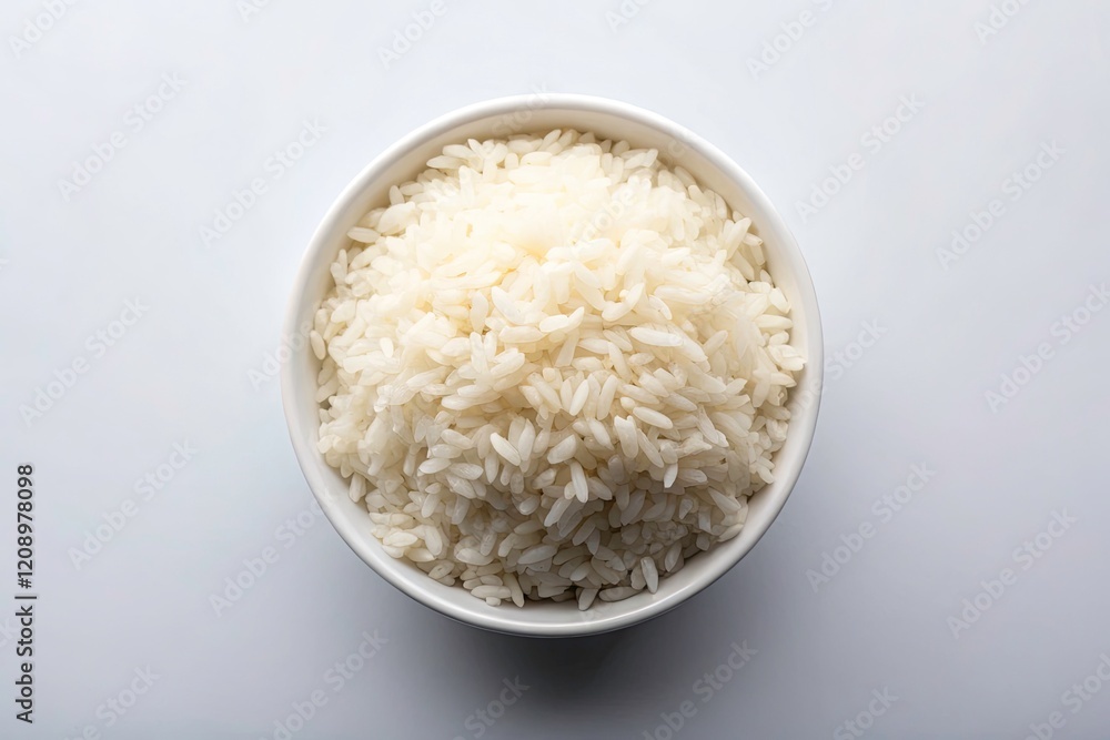 Aerial View Isolated Bowl Rice, High-Angle Shot Food Photography, White Rice Bowl Background Aerial View Isolated Bowl Rice, High-Angle Shot Food Photography, White Rice Bowl Background