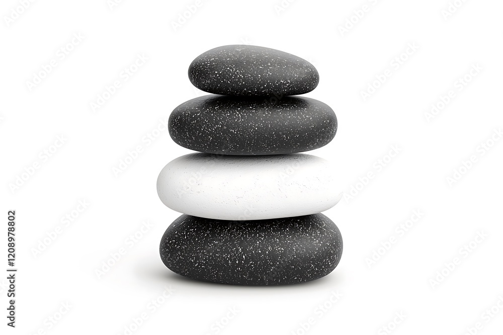 A minimalist stack of smooth black and white stones, symbolizing balance, harmony, and tranquility against a plain background. A minimalist stack of smooth black and white stones, symbolizing balance, harmony, and tranquility against a plain background.