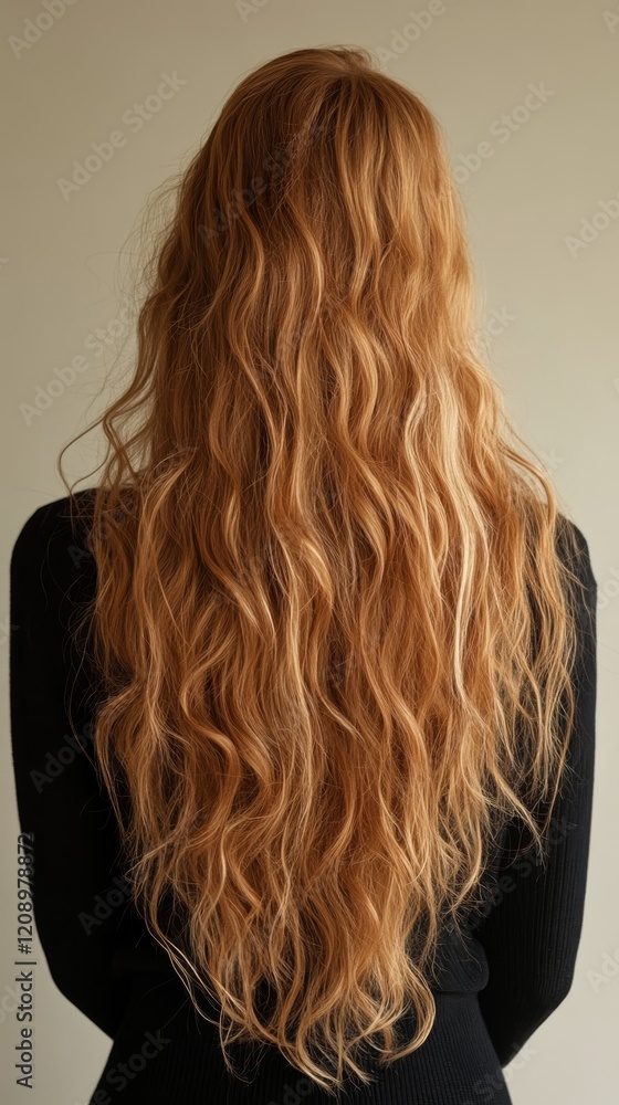Fototapeta premium Back view of a girl with beautiful long wavy red hair.