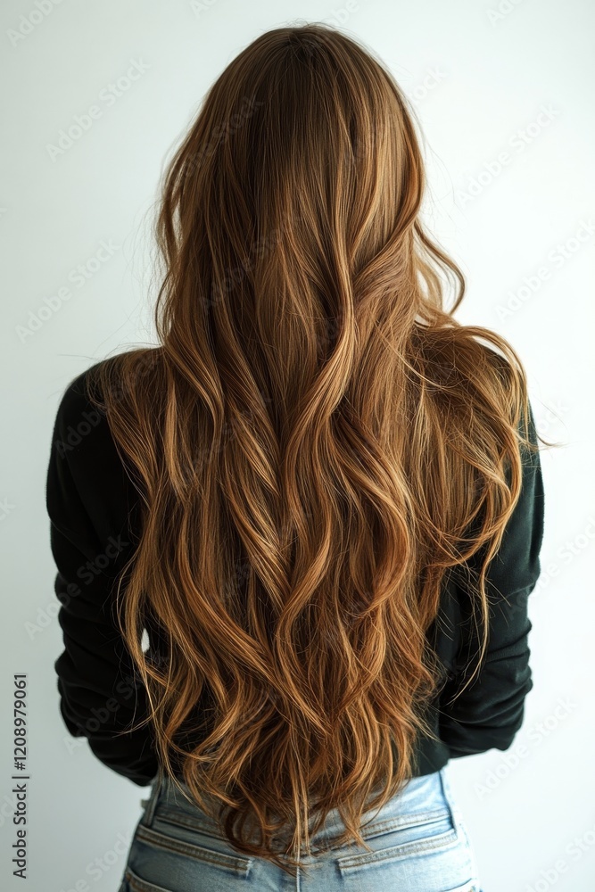 Naklejka premium Back view of a girl with beautiful long wavy brown hair.