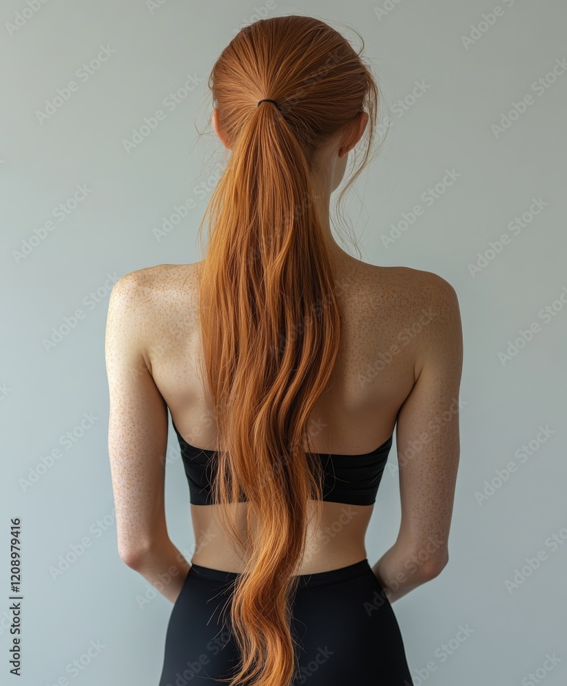 Obraz premium Back view of a fit girl with beautiful long red hair.