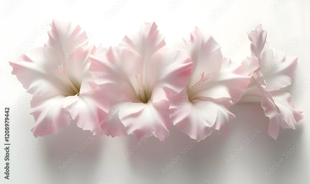 Obraz premium Pink gladiolus blossoms arranged on white background, floral design, website header