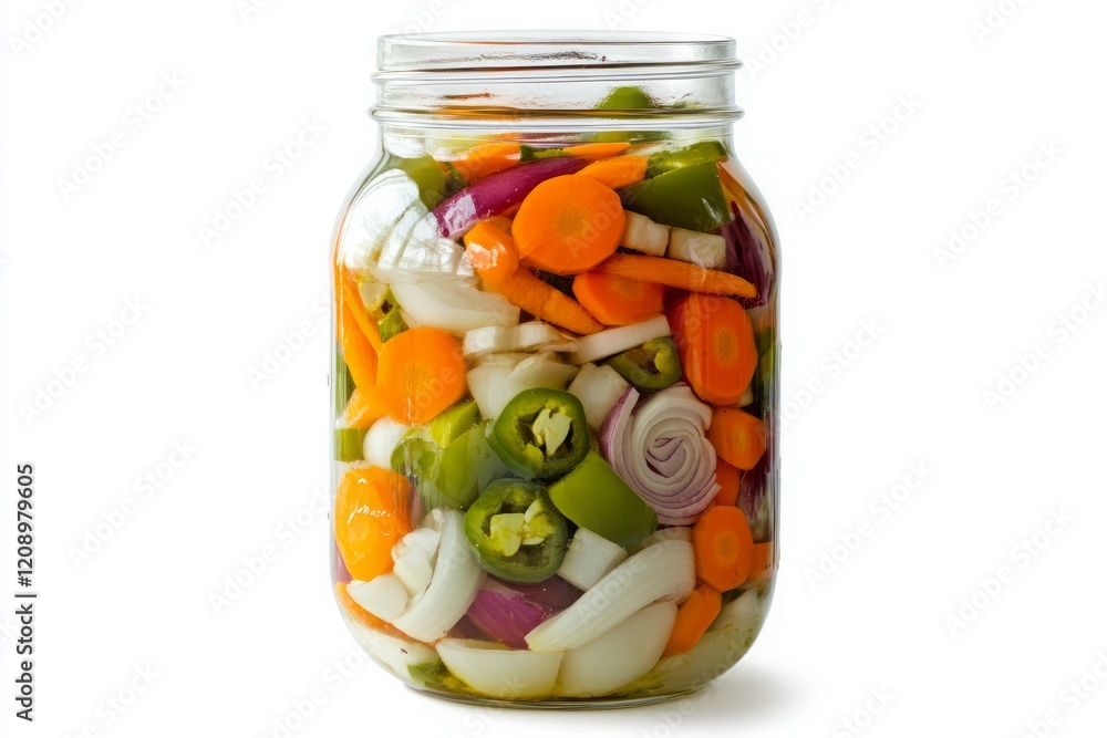 Colorful Fermented Mixed Vegetables in a Mason Jar on White Background Colorful Fermented Mixed Vegetables in a Mason Jar on White Background