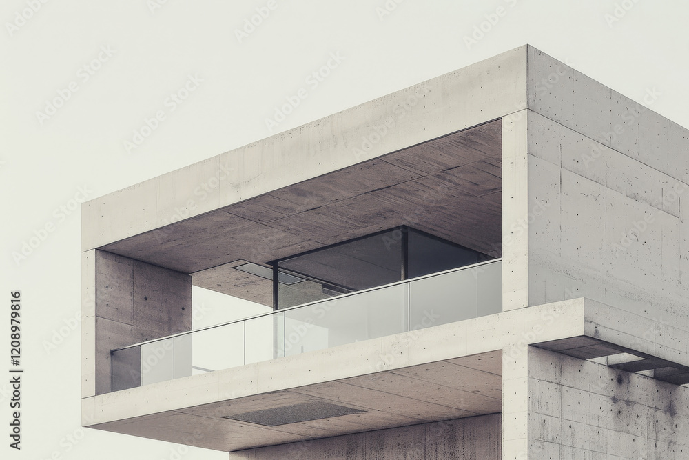 Fototapeta premium Modern concrete architecture with minimalist design featuring balcony and large glass windows. structure showcases clean lines and contemporary aesthetic