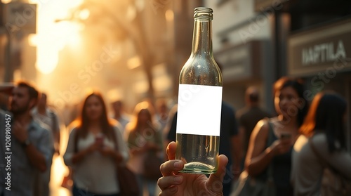 A bottle of wine with a glass and cork isolated on a blank background, mockup template photo