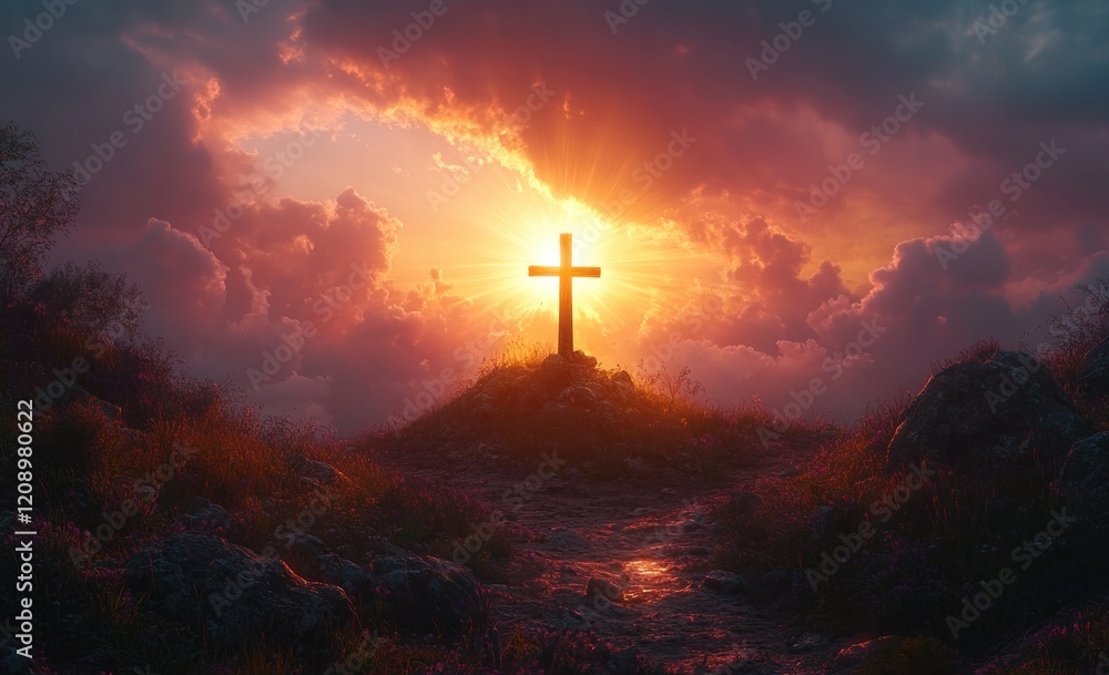 Fototapeta premium Cross at Sunset with Radiant Sunburst - Dramatic Religious Scene