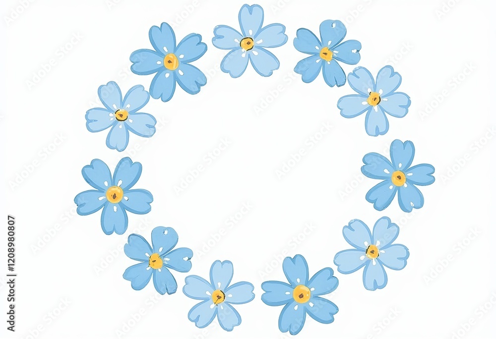 Light Blue Forget-Me-Nots: Circular Design, Detailed Petal Edges, Illustrated Flowers, No Background, Simple, Elegant, High Quality Vector, Floral Art, Minimalist.
Light Blue Forget-Me-Nots: Circular Design, Detailed Petal Edges, Illustrated Flowers, No Background, Simple, Elegant, High Quality Vector, Floral Art, Minimalist.