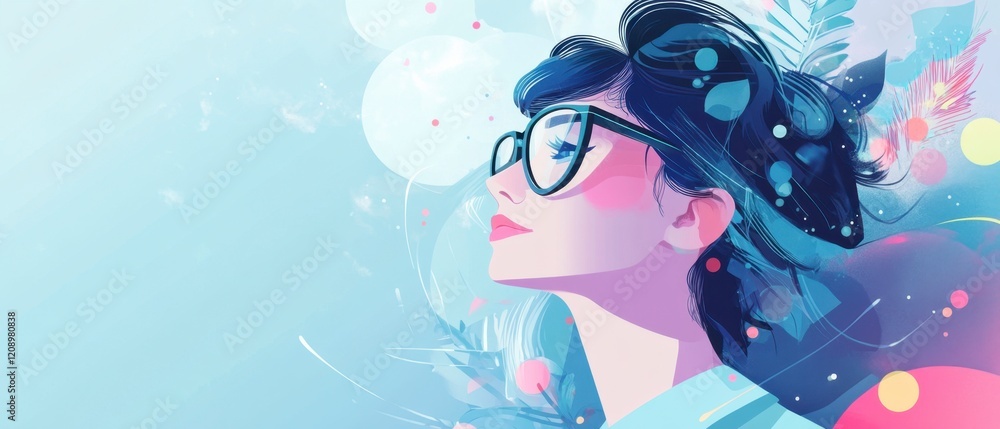 Dreamy Smiling Woman in Glasses, Abstract Blue Background, Pastel Colors, Copy Space Dreamy Smiling Woman in Glasses, Abstract Blue Background, Pastel Colors, Copy Space